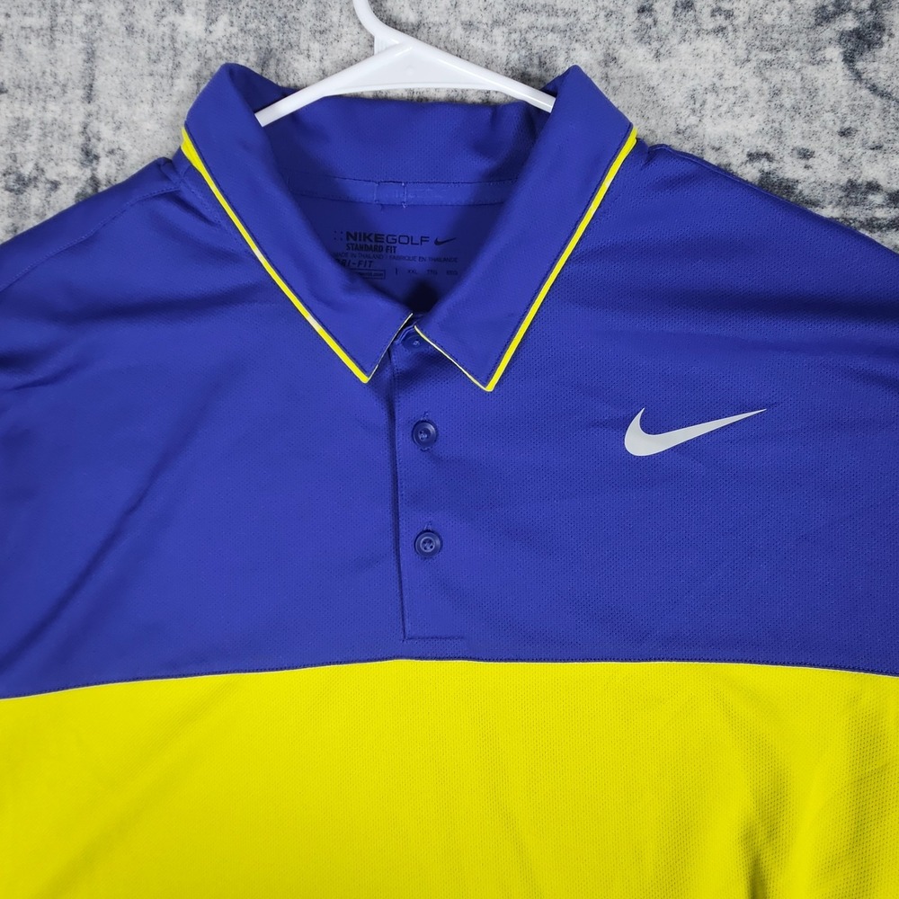Nike Golf Polo Shirt Mens 2XL Blue Yellow Dri-FIT Colorblock Two Tone 882085-512